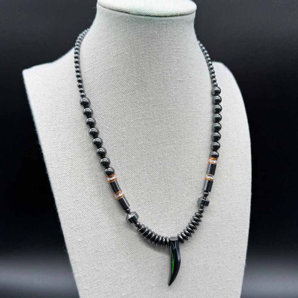 Hematite Beaded Necklace Horn Pendant Dark Grey 18 inches